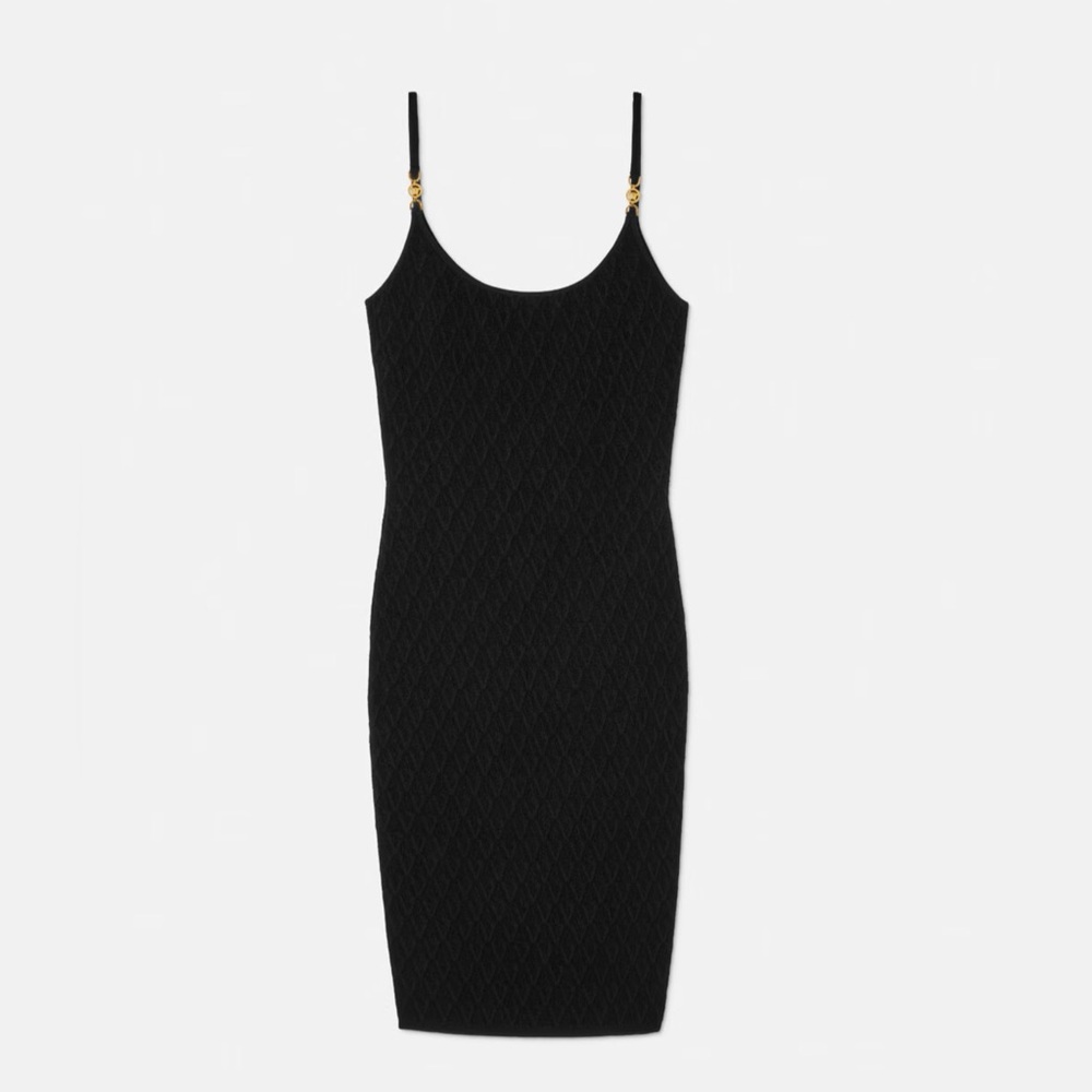 VERSACE Embellished jacquard-knit Dress. Black w/Gold Hardware Size 48 NWT *HOT*